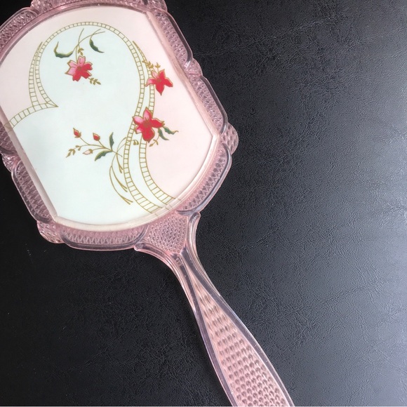 Vintage Celluloid Floral Mirror Vanity Handled Dainty Pretty Flower Mirror Pink - Picture 6 of 13
